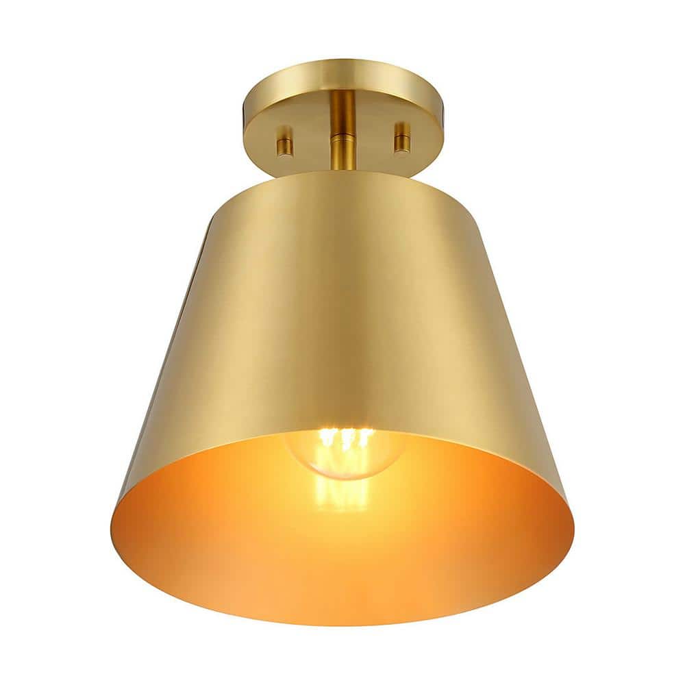 10 in. W x 11 in. H 1-Light Natural Brass Contemporary Semi-Flush Mount with Metal Shade - Hercitys