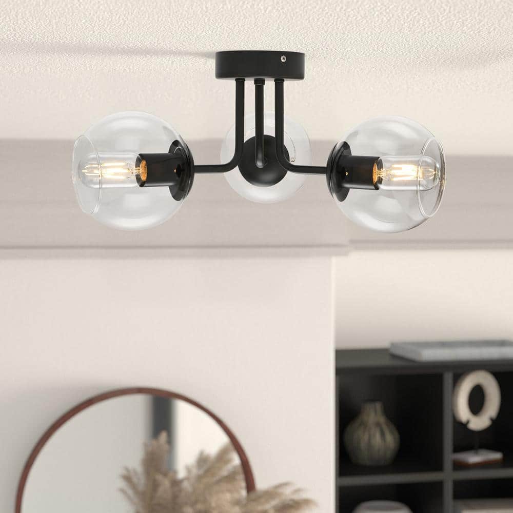 18.11 in. 3-Light Modern/Contemporary Black Semi-Flush Mount Ceiling Light with Spherical Glass Shade - Hercitys