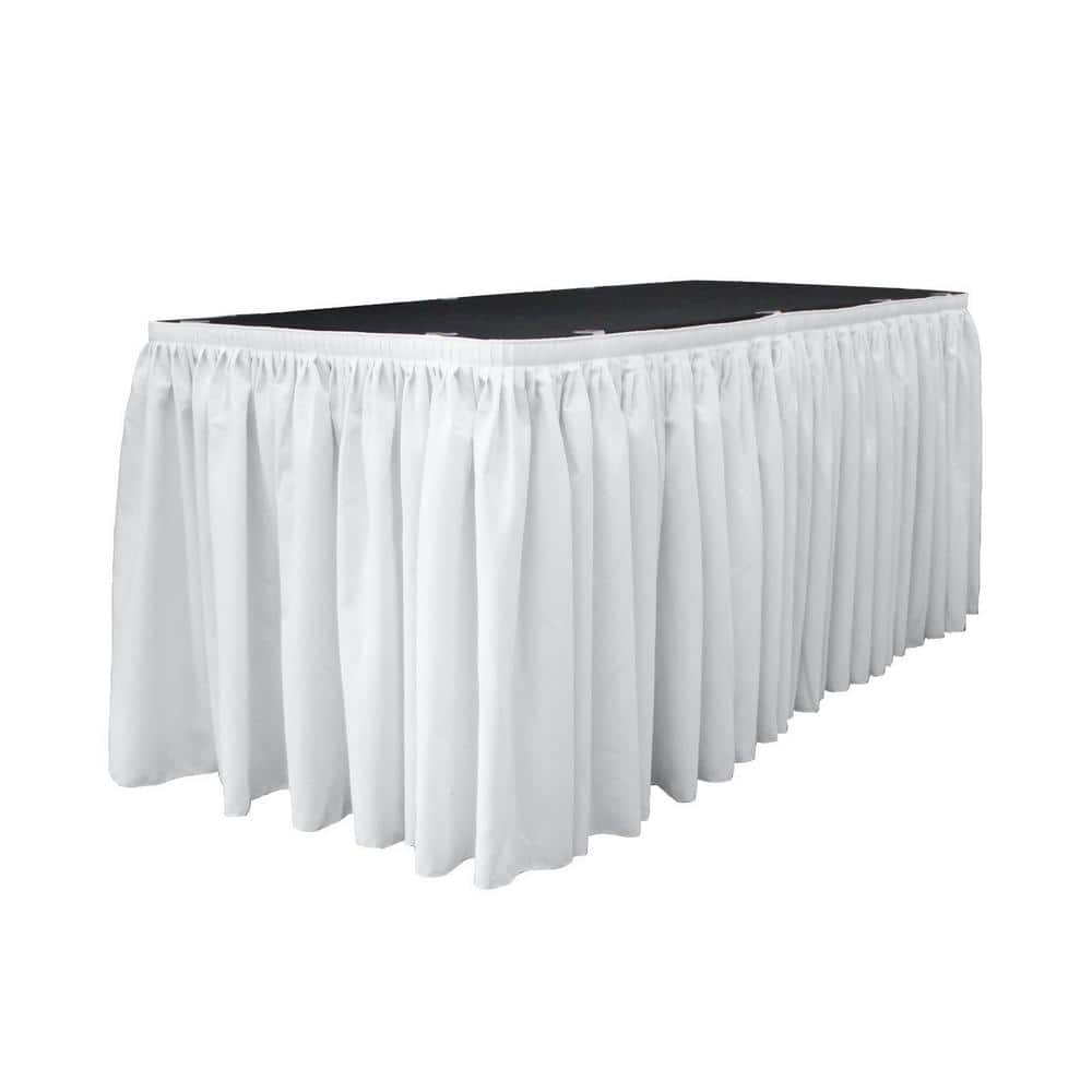 17 ft. x 29 in. Long White Polyester Poplin Table Skirt with 10 L-Clips - Hercitys