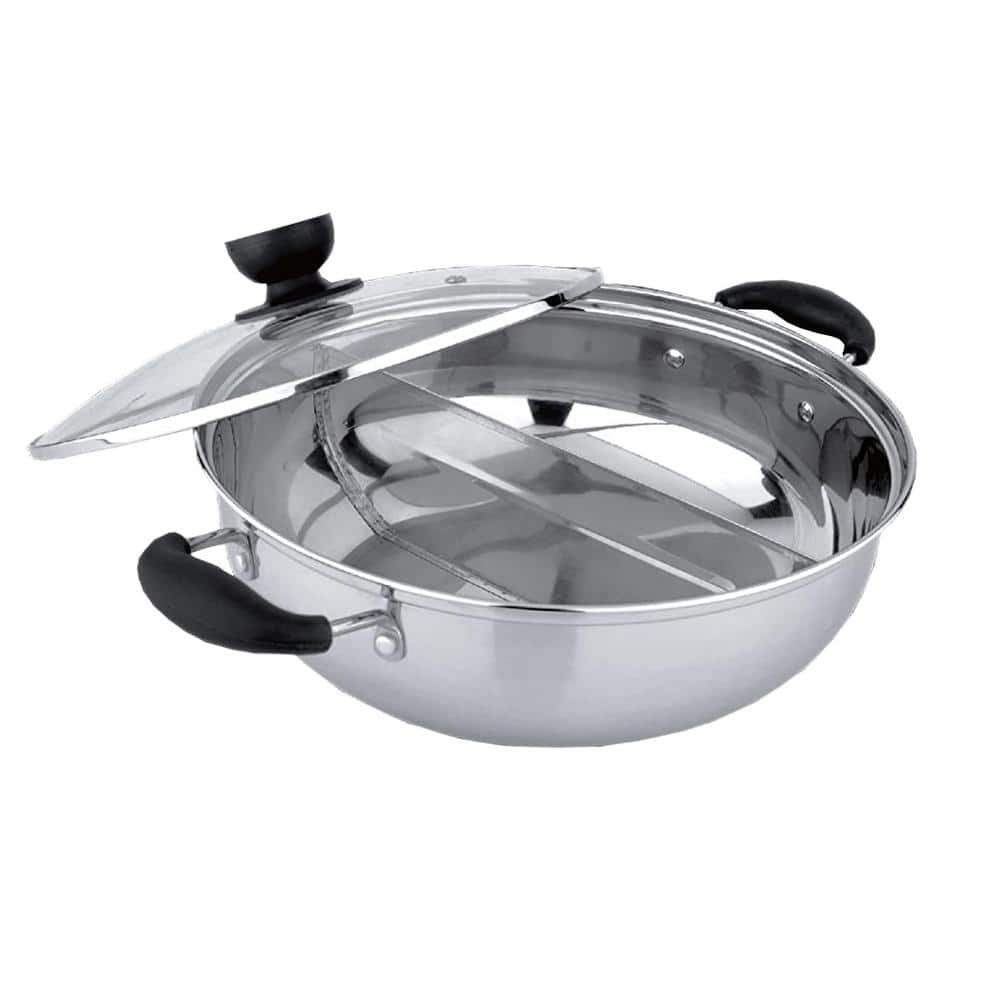 11 in. 4 qt. Stainless Steel Shabu Hot Pot with Divider and 3-Ladles - Hercitys