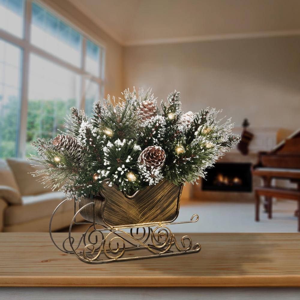 10 in. Pre-Lit Glittery Bristle Pine Christmas Sleigh with Battery Operated Warm White LED Lights - Hercitys