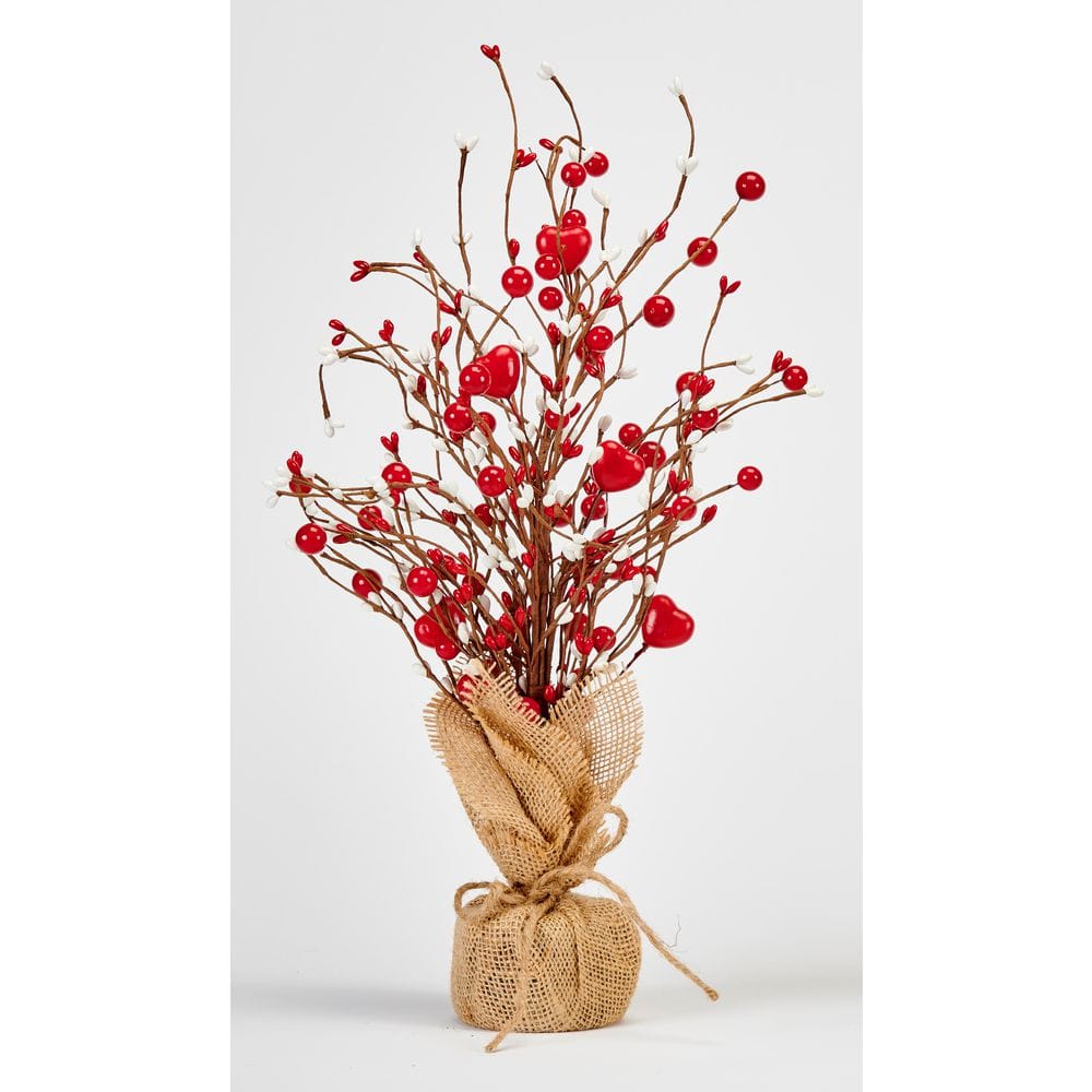 18 in Valentine’s Day Red and White Hearts with Berries Table Tree in Burlap Sack Base - Hercitys