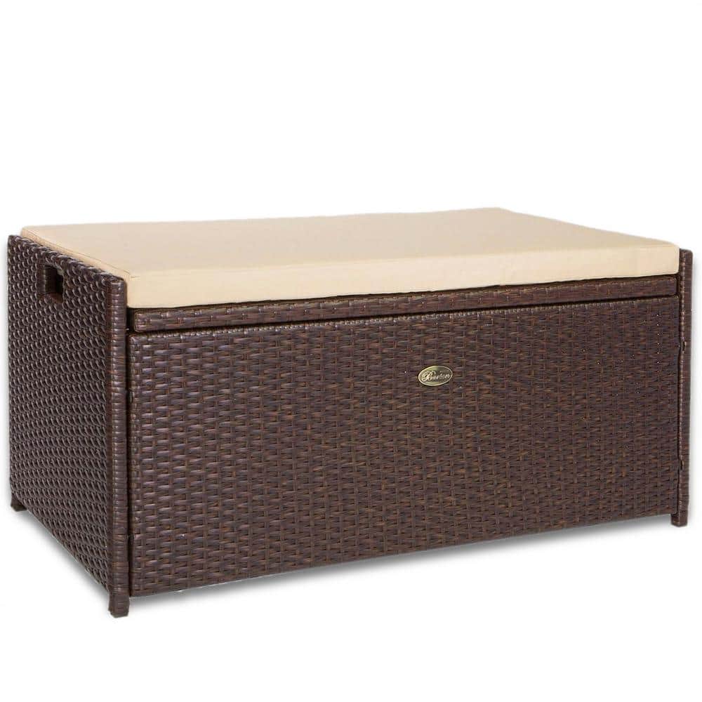 57 Gal. Capacity Brown Outdoor Patio Wicker All Weather Rattan Deck Box Storage Bench Seat with Beige Cushion - Hercitys