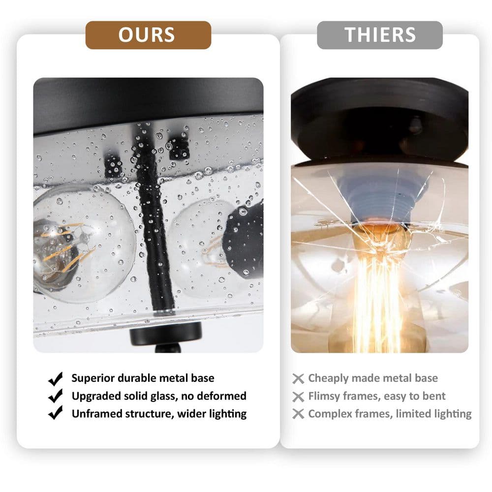 10.63 in. 2-Light Matte Black Flush Mount with Seeded Glass Drum Shade(2-Pack) - Hercitys