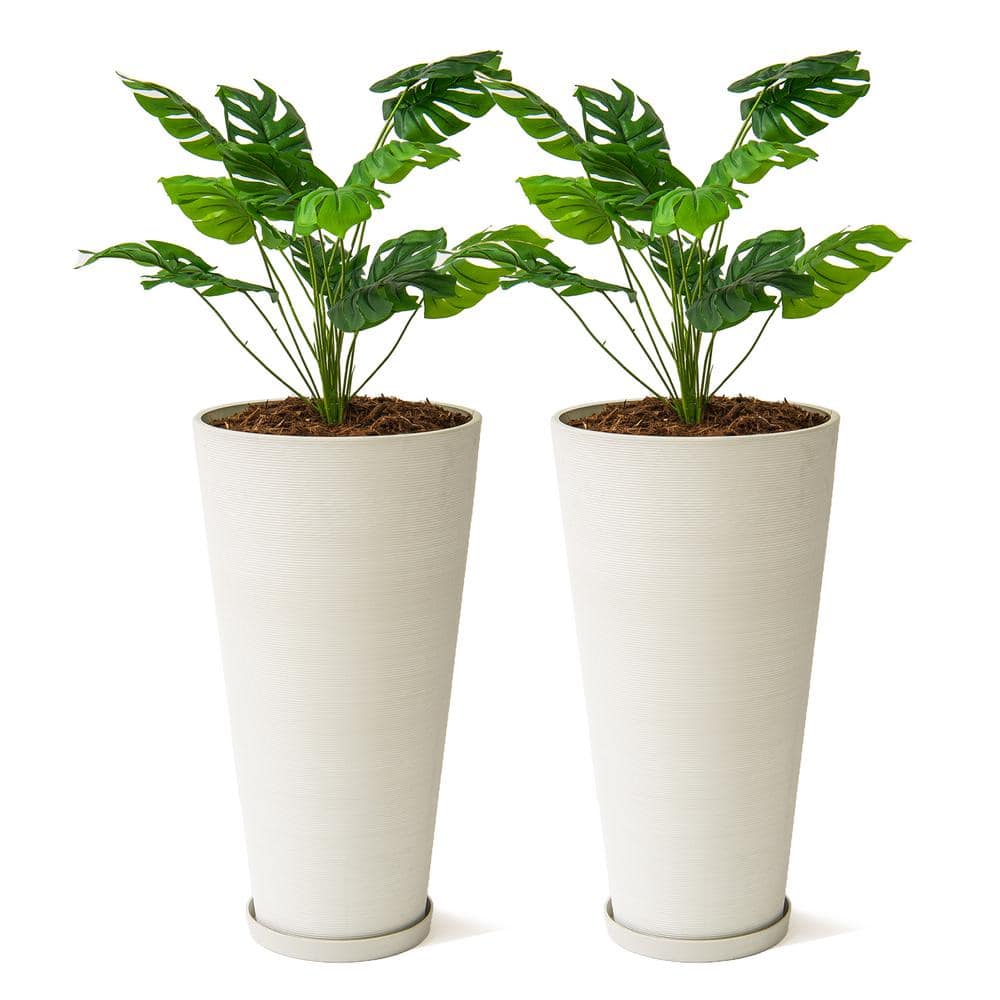 28 in. Tall Modern Round Planter, Tapered Floor Planter for Indoor and Outdoor, Patio Decor, Set of 2, White - Hercitys