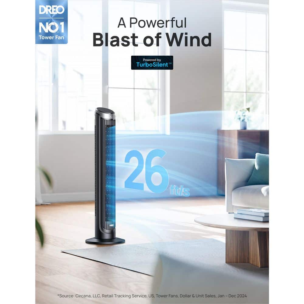 40 in. Tower Fan, 5-Speeds, 12 H Timer, 90° Oscillation with Remote, AC Motor in Silver - Hercitys