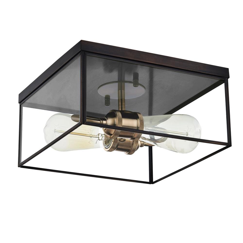 2-Light Dark Bronze Brass Flush Mount Ceiling Light with Tempered Glass - Hercitys