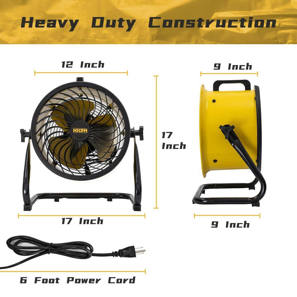 10 in. High-velocity 3-speed Drum Air Circulator Fan in Yellow 1200 CFM Airflow Floor Fan with 360-degree Pivoting Head - Hercitys