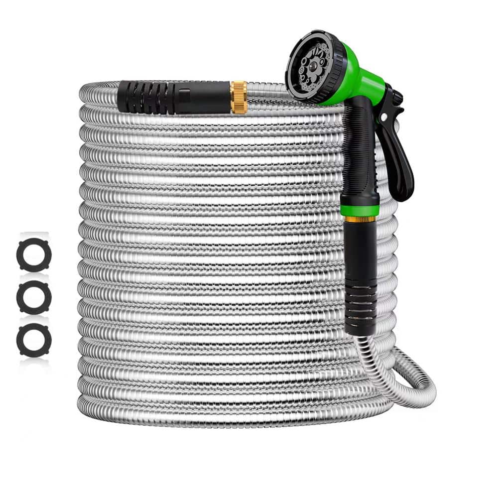 5/8 in. Dia. x 100 ft. Metal Garden Hose Stainless Steel Heavy-Duty Water Hose with 10 Function Nozzle Flexible - Hercitys