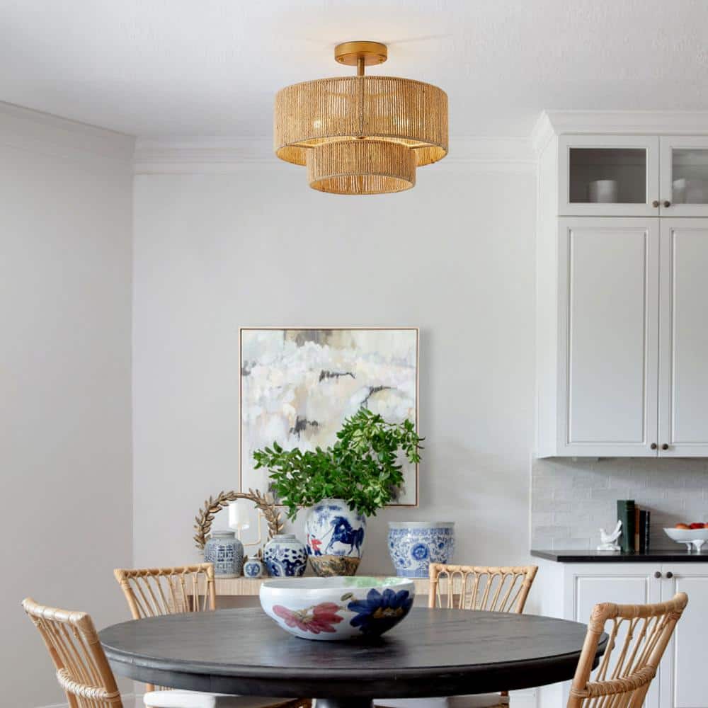 15.4 in. 3-Light Bohemian Antique Gold Two-Tier Drum Semi- Flush Mount with Natural Jute Rope Shade - Hercitys
