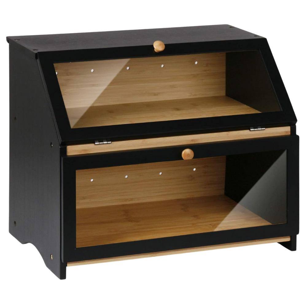 1-Piece Double Layer Bread Box for Kitchen Counter, Wooden Large Capacity Bread Storage Bin (Black) - Hercitys