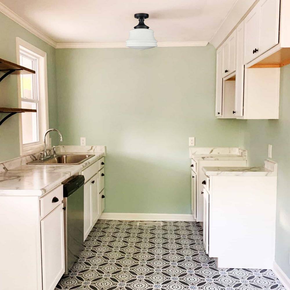 11 in. 1-Light Black Modern Semi-Flush Mount with Frosted Glass Shade and No Bulbs Included (1-Pack) - Hercitys