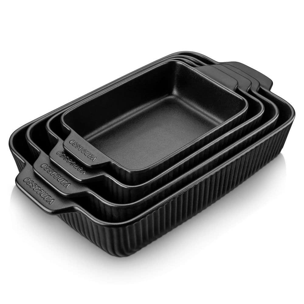 4-Piece Black Rectangular Stoneware Baking Dish Set with Handles Casserole and Lasagna Pan Bakeware - Hercitys