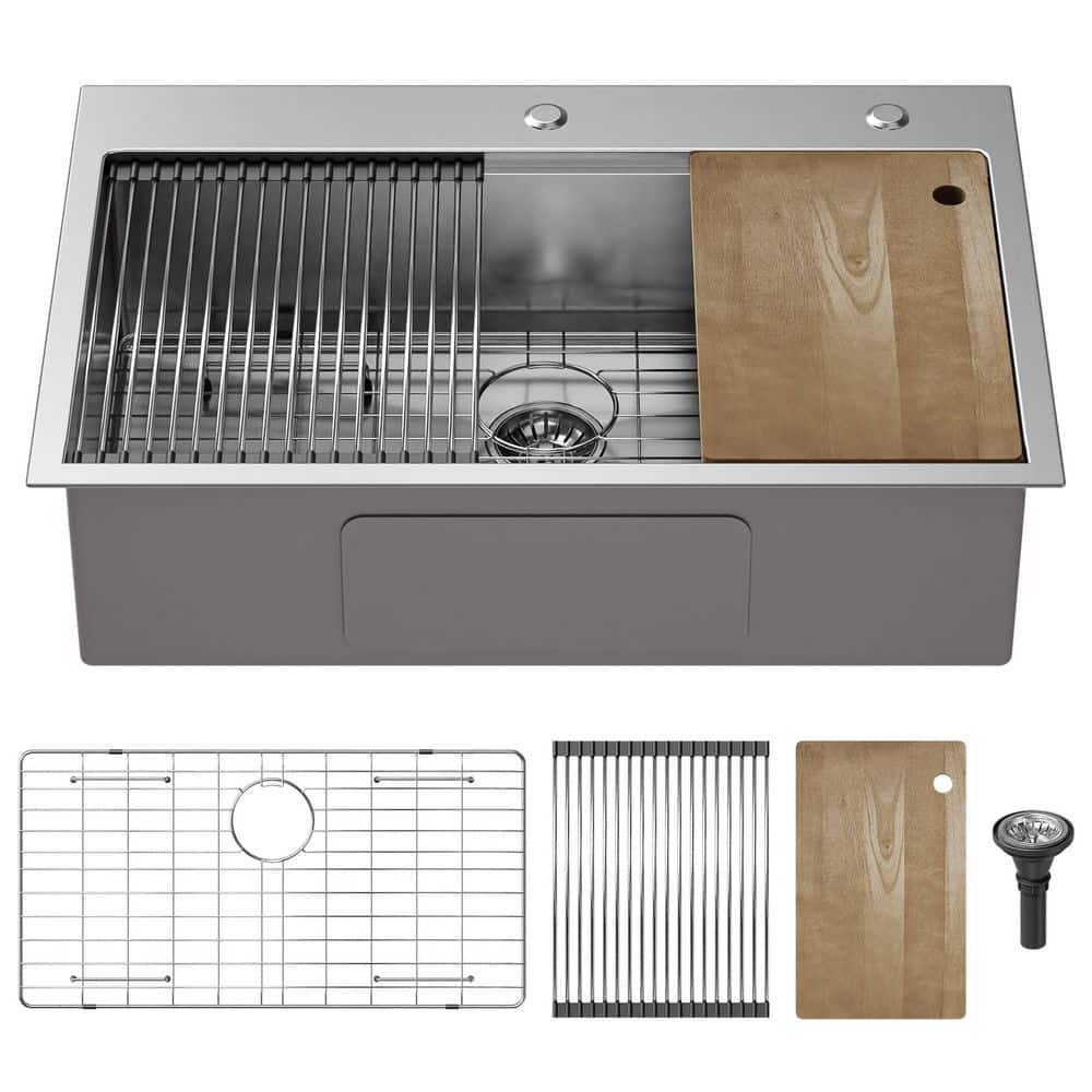 33 in. Drop-In/Undermount Single Bowl 16 Gauge Silver Stainless Steel Kitchen Sink with Cutting Board - Hercitys