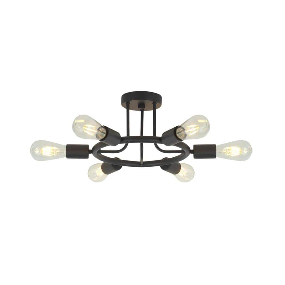 26 in. W 6-Light Black Sputnik Chandelier Semi-Flush Mount Ceiling Fixture for Entryway, Dining Room, E26, No Bulbs - Hercitys