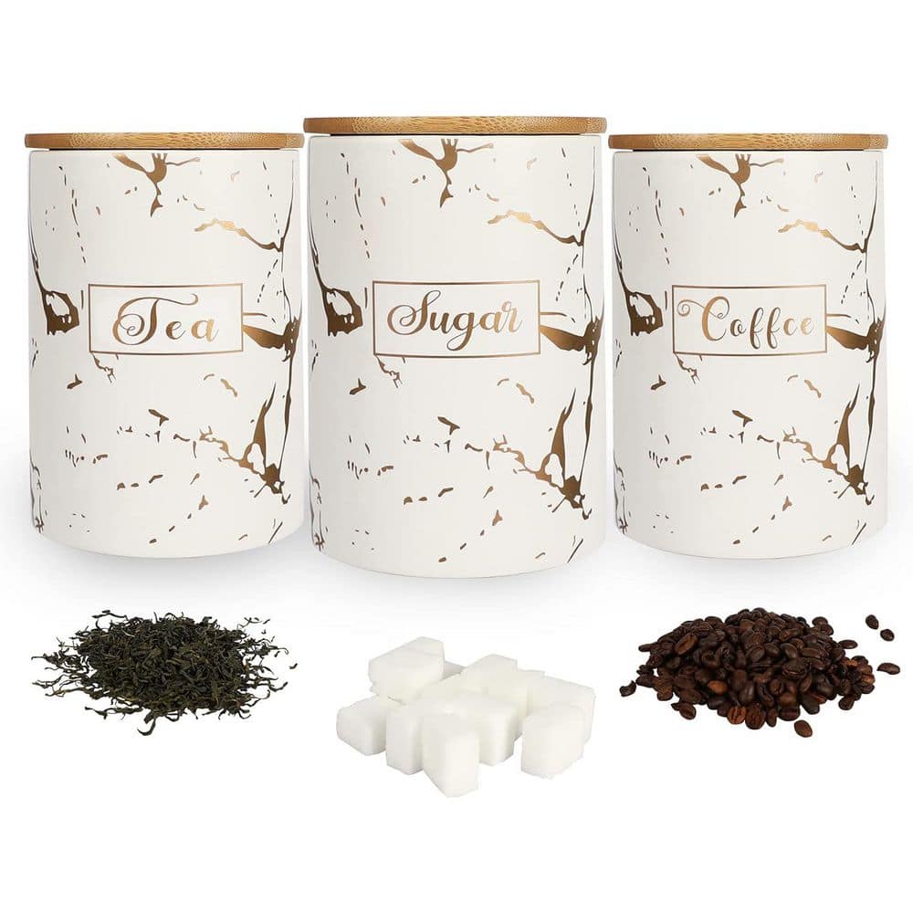 3-Piece Kitchen Ceramic Canister Airtight with Bamboo Lid for Farmhouse Kitchen in White - Hercitys