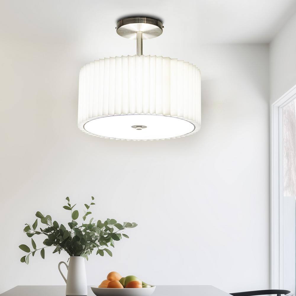 11.8 in. 3-Light Chrome Semi-Flush Mount Ceiling Light with Fabric and Acrylic Cylindrical Shades - Hercitys