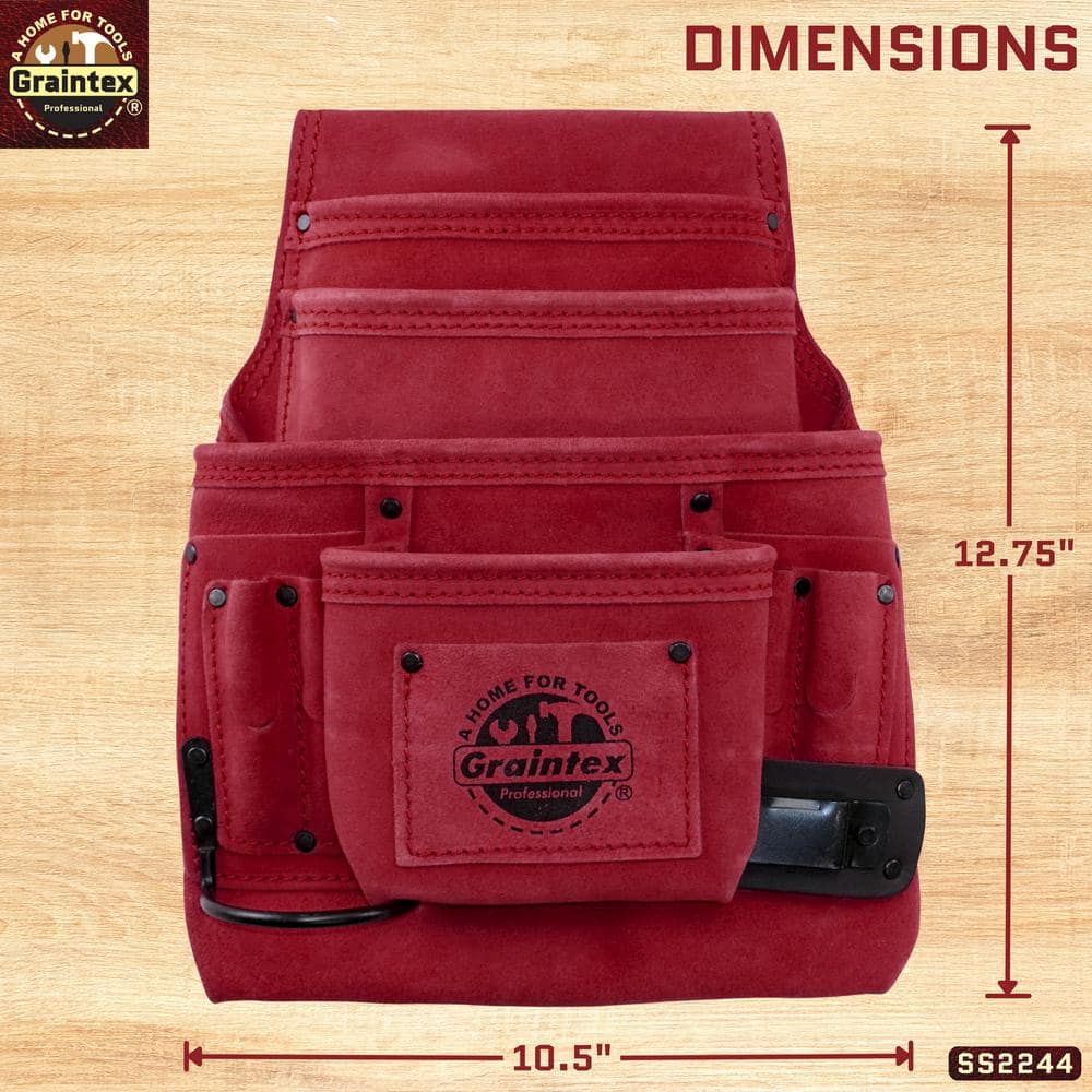 10-Pocket Suede Leather Nail and Tool Pouch in Burgundy w/2 Hammer Holders - Hercitys