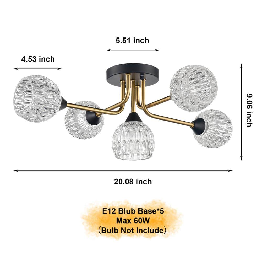 20.1 in. 5-Light Gold Modern Semi-Flush Mount with Crystal Shade and No Bulbs Included 1-Pack - Hercitys