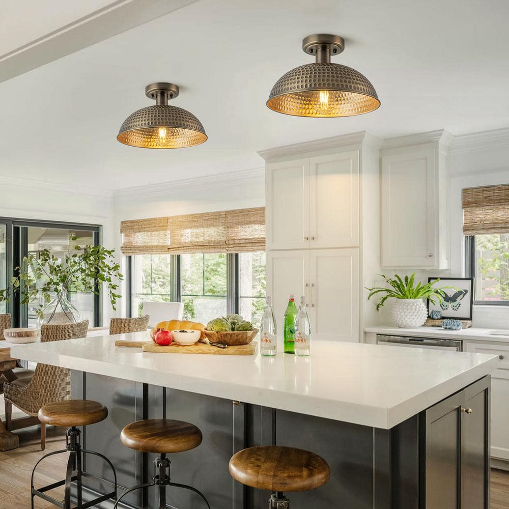 12.2 in. 1-Light Antique Brass Semi-Flush Mount Ceiling Light with Dome Metal Shade - Hercitys