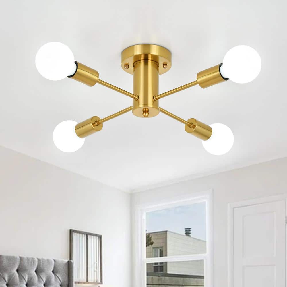 17.5 in. 4-Light Gold Sputnik Semi- Flush Mount For Foyer Bedroom with No Bulbs Included - Hercitys