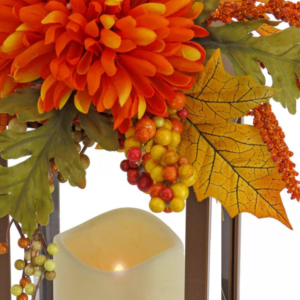 14″ Mum Flower and Berries Decorated Harvest Lantern - Hercitys