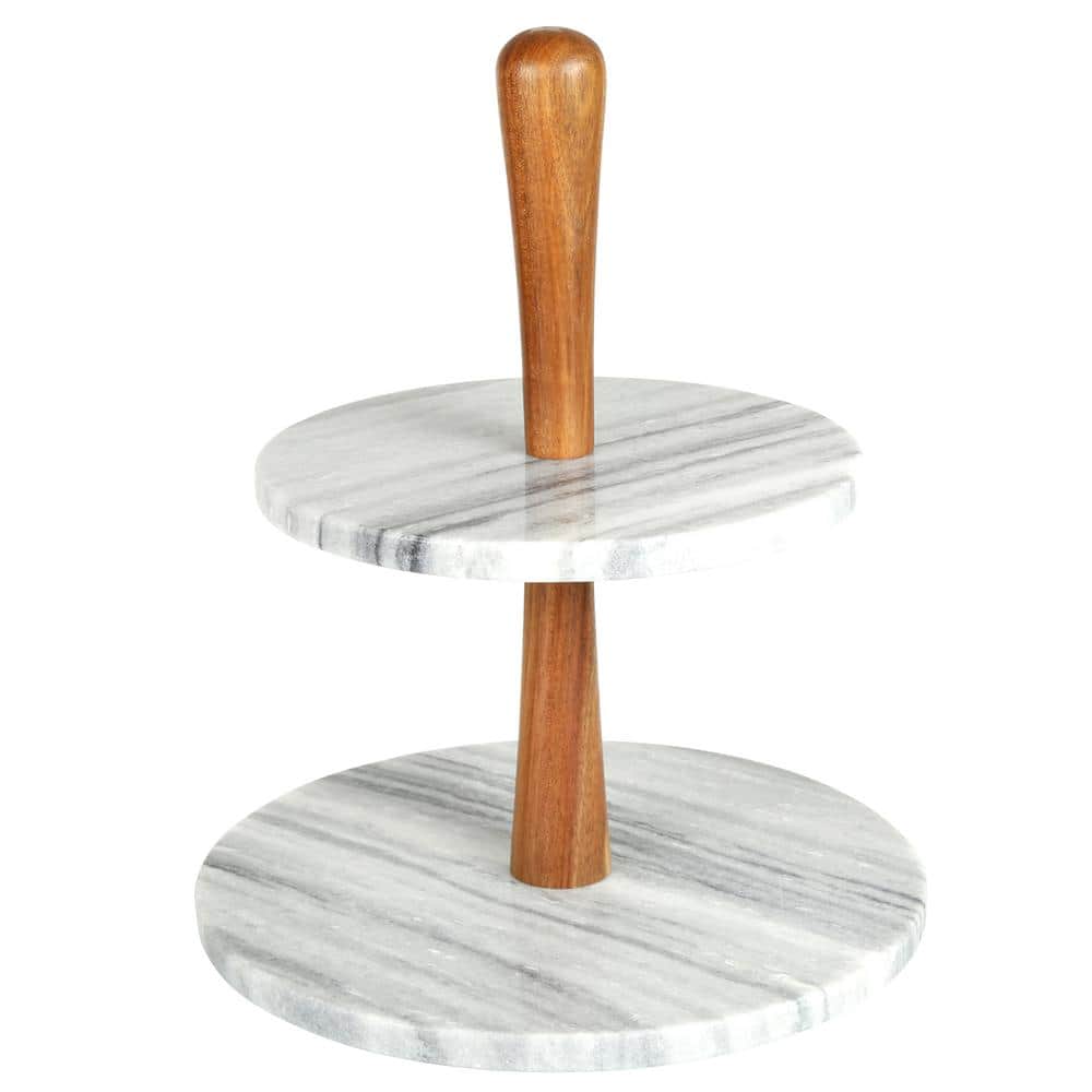 2-Tier Natural Marble and Acacia Wood Cake Dessert Stand, Fruit Plate, Pastry Server, Off-White - Hercitys