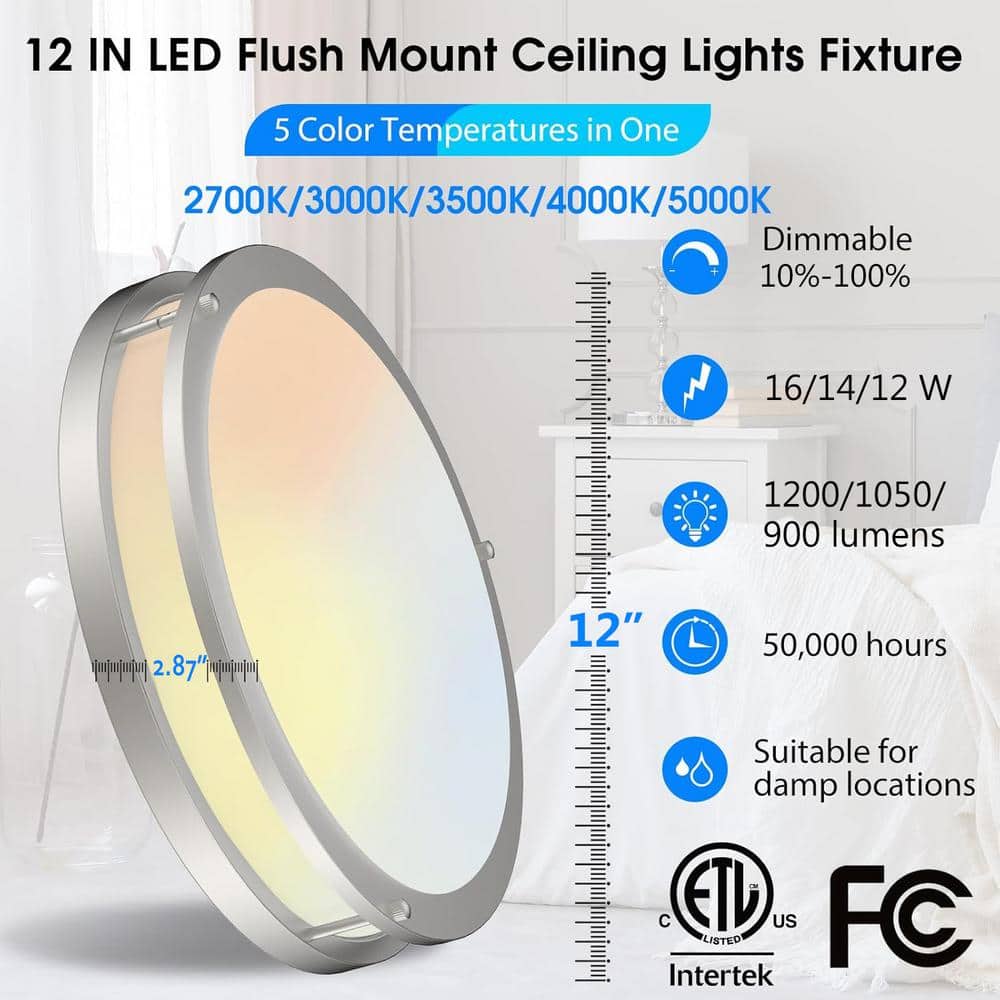 12 in Brushed Nickel Watt Selectable 5CCT LED Flush Mount Round Double Ring Dimmable Ceiling Light (1-Pack) - Hercitys