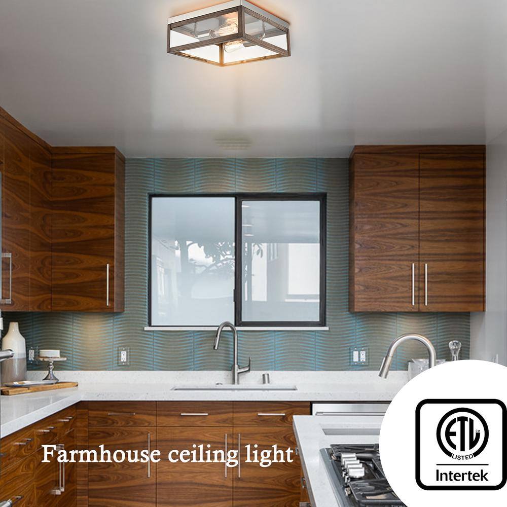 15.62 in. 2-Light Nickel Flush Mount with Clear Glass Shade and No Bulbs Included 1-Pack - Hercitys