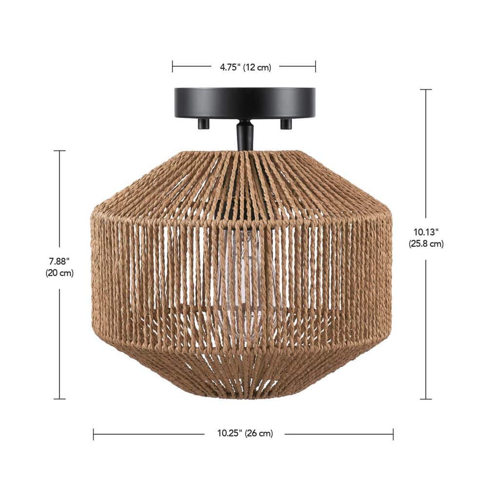 10.25 in. 1-Light Matte Black Semi-Flush Mount Ceiling Light with Paper Twine Shade - Hercitys