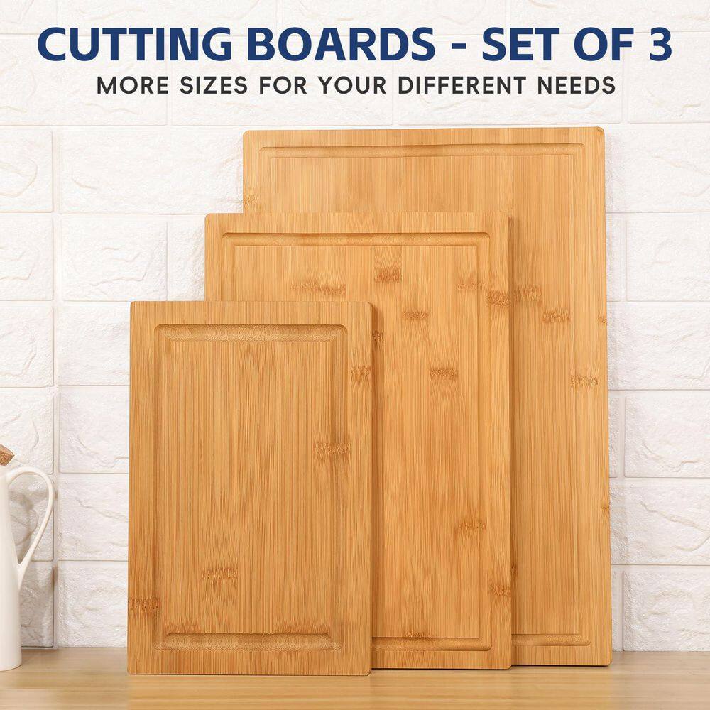 3-Piece Bamboo Cutting Boards Set with Juice Groove, Bamboo Chopping Board Set for Meat and Vegetables - Hercitys