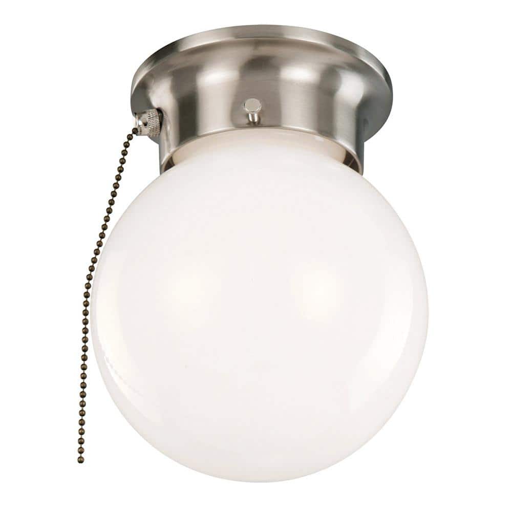 1-Light Satin Nickel Ceiling Light with Opal Glass and Pull Chain - Hercitys