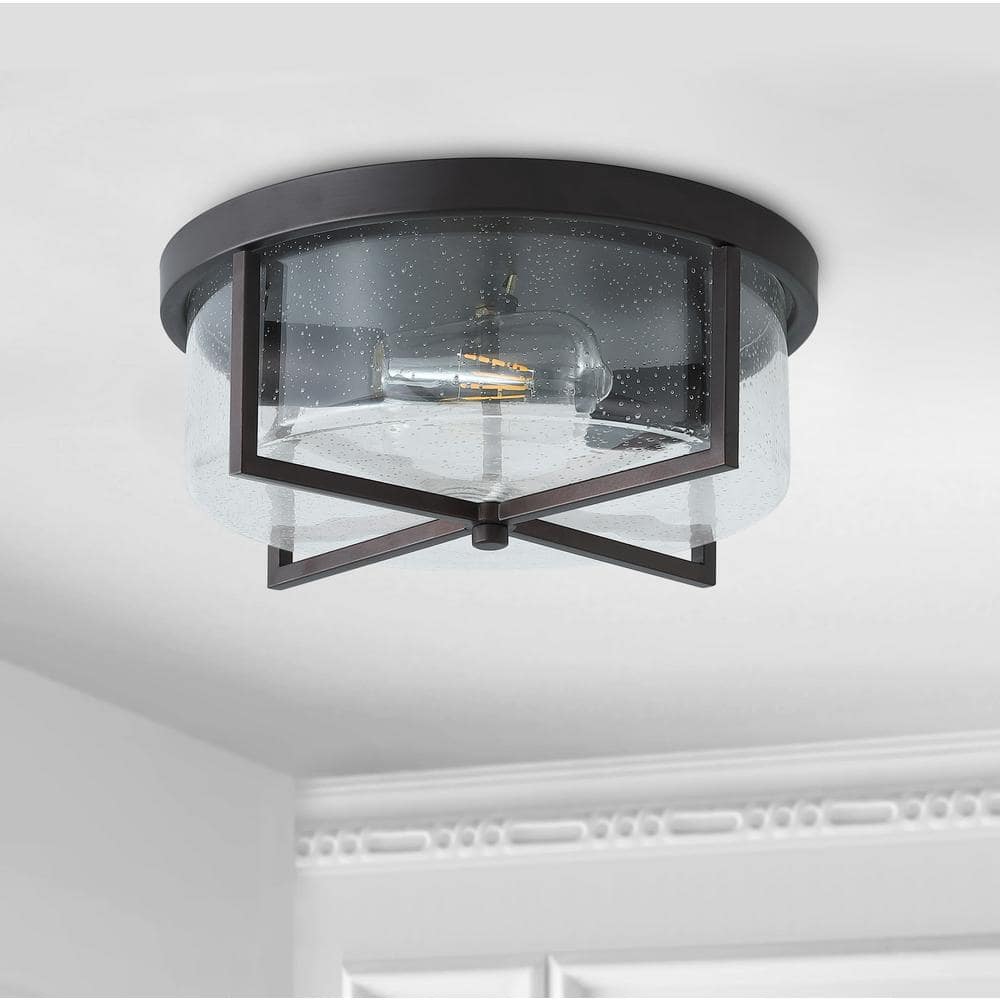 11.8 in. 2-Light Farmhouse Flush Mount Ceiling Light Fixture with Seeded Glass Shade - Hercitys