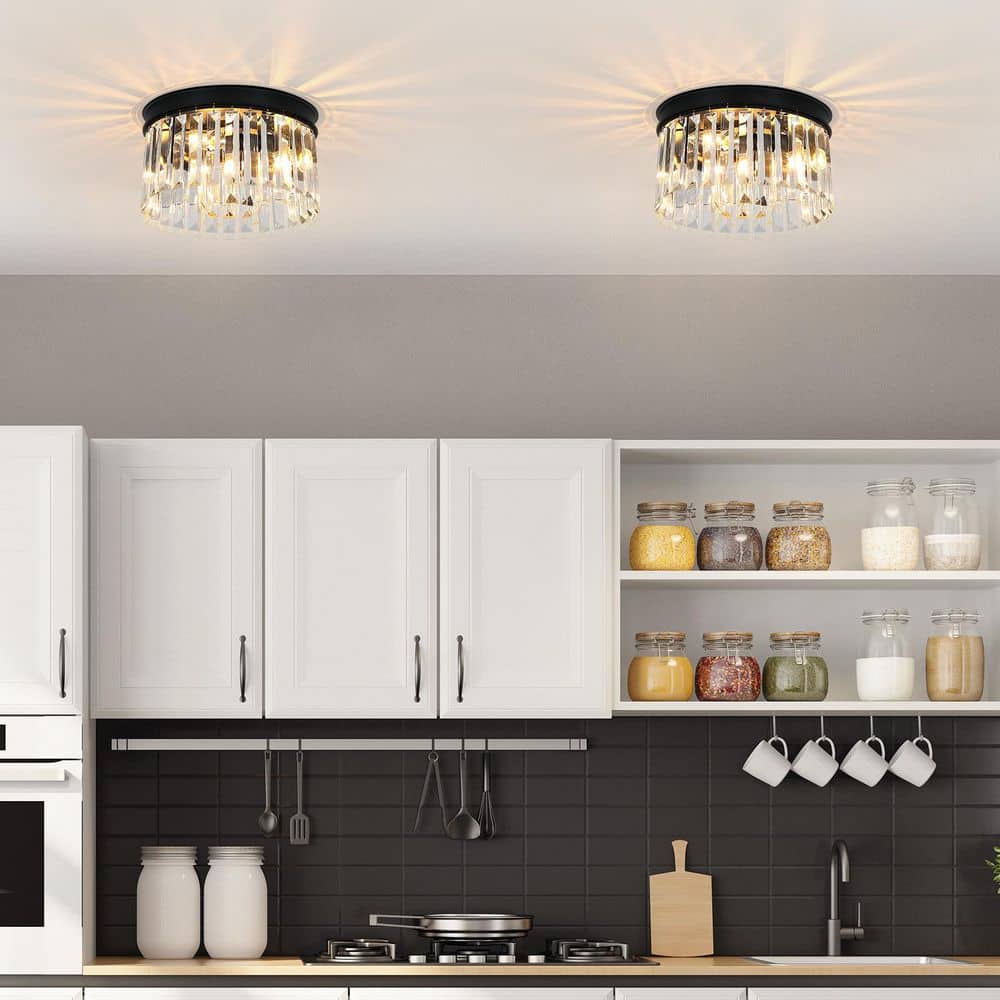 12 in. 3-Light Modern Black Round Flush Mount Ceiling Light with 2 Tiers Clear Crystal Shades - Hercitys