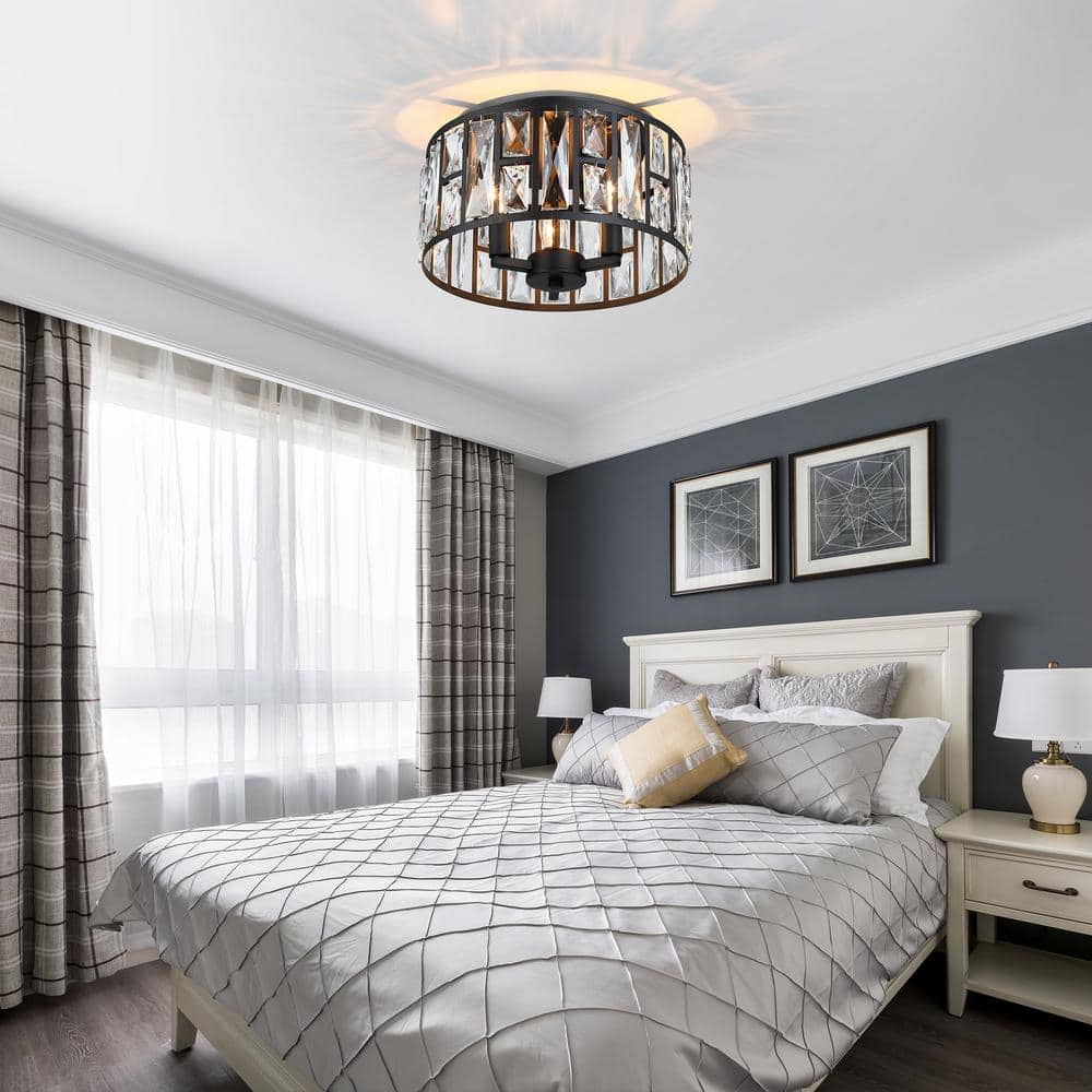 12 in. 3-Light Round Modern Black Drum Flush Mount Ceiling Light with Clear Crystal Shade - Hercitys