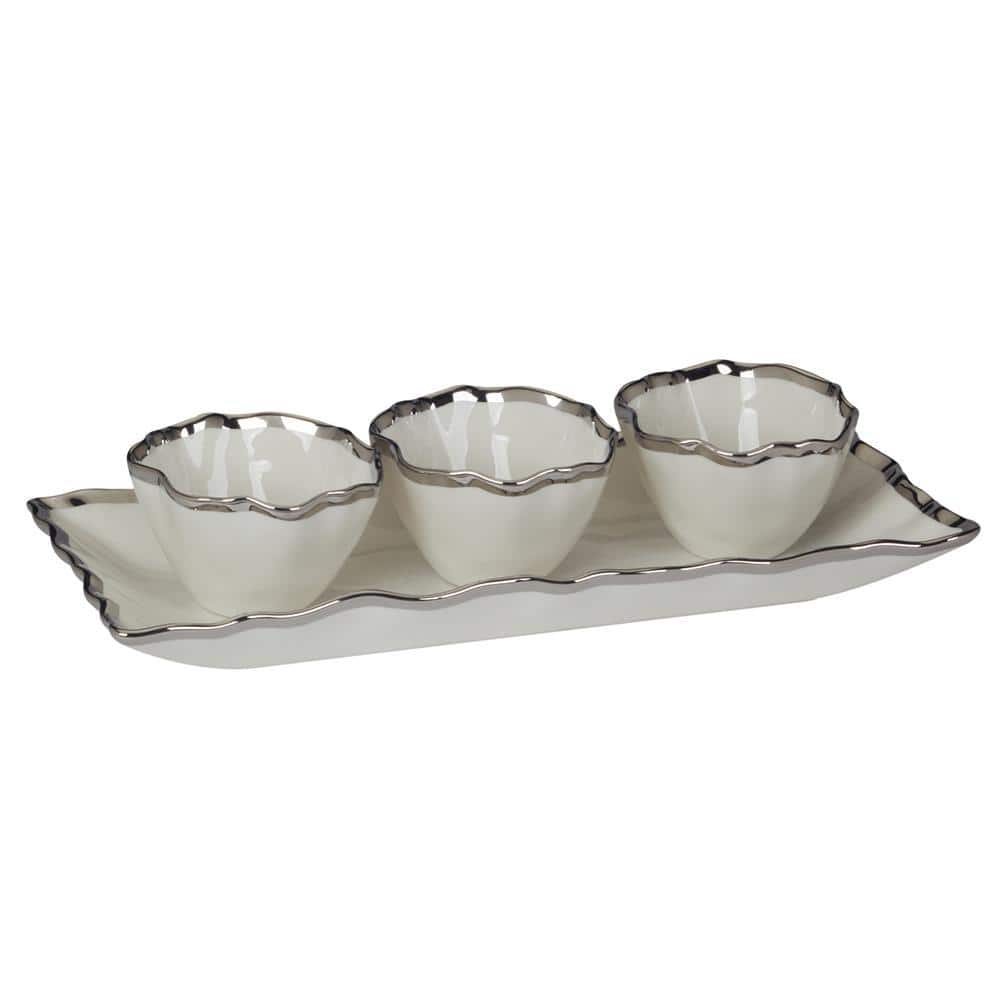 14 in. W. x 6.25 in. H x 1.75 in. D White Porcelain Regency Silver 4-Piece Serving Tray - Hercitys