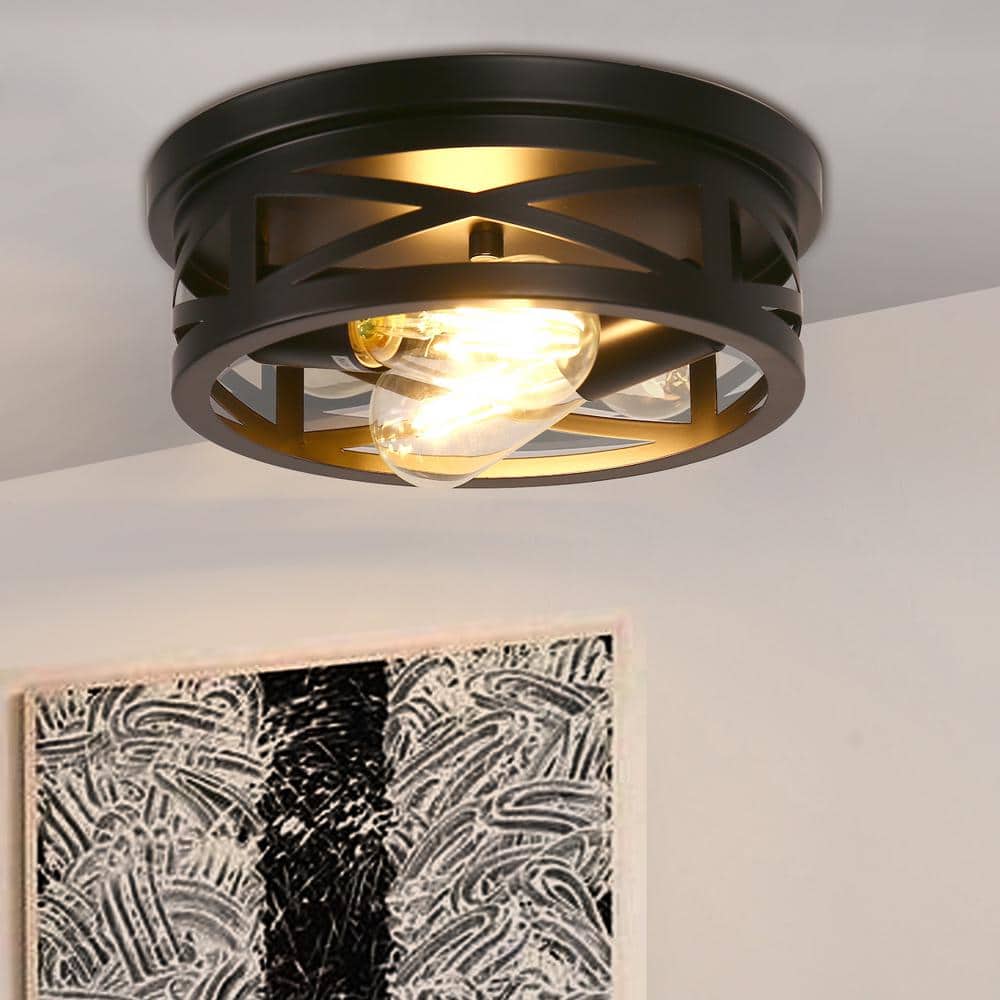 11 in. 2-Light Black Farmhouse Flush Mount with Drum Metal Cage Shade for Entryway Bedroom(2-Pack) - Hercitys