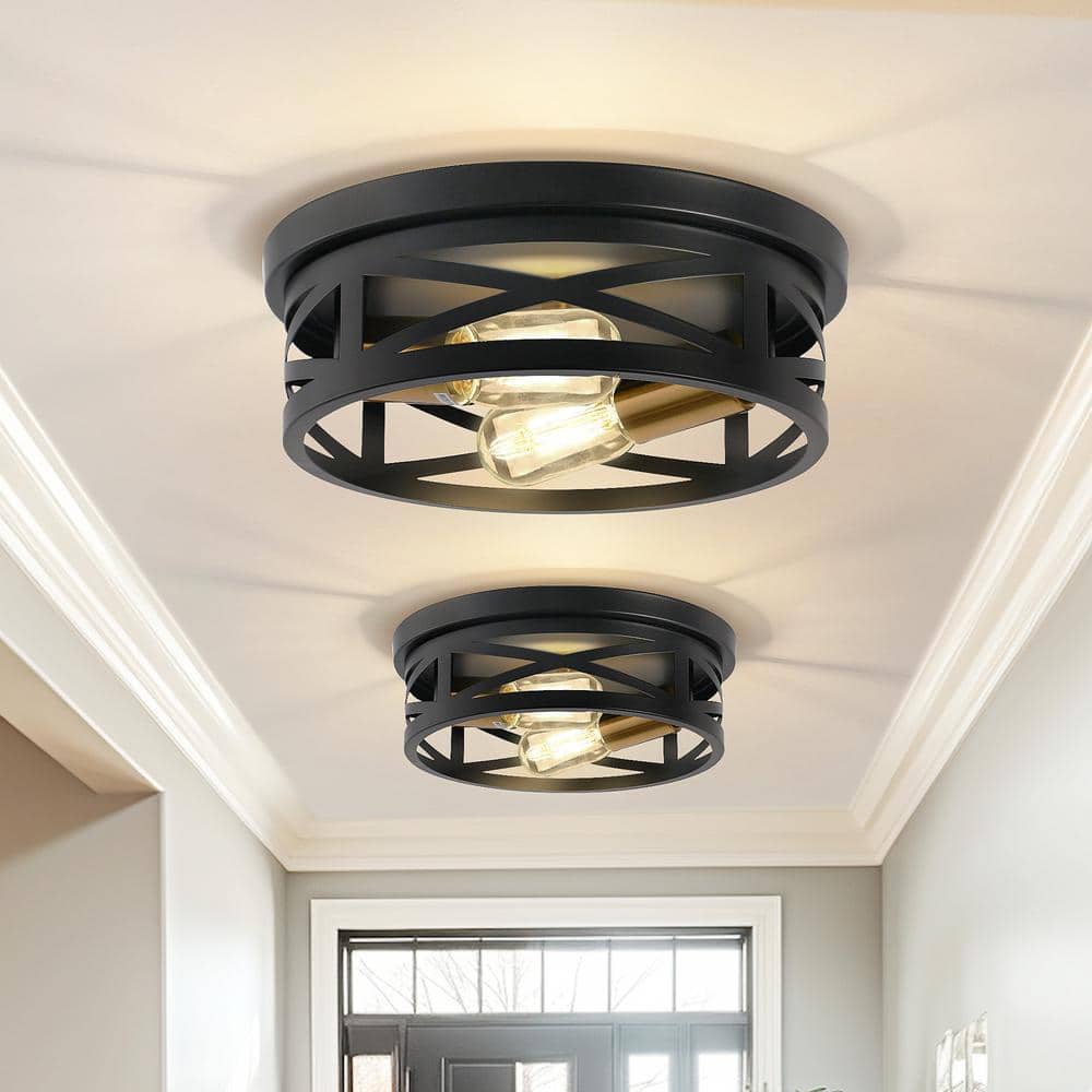 10.6 in. 2-Light Black Flush Mount Ceiling Light with Copper Accents,for Foyer Corridor No Bulbs Included (2-Pack) - Hercitys