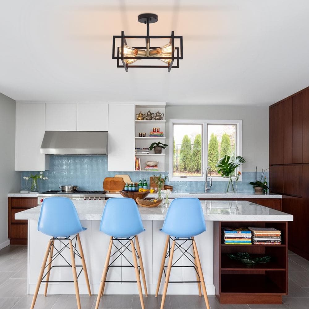 15 in. 4-Light Black/Gold Semi-Flush Mount Light with Rustic Accent Square Cage for Dining Room, No Bulb Included - Hercitys