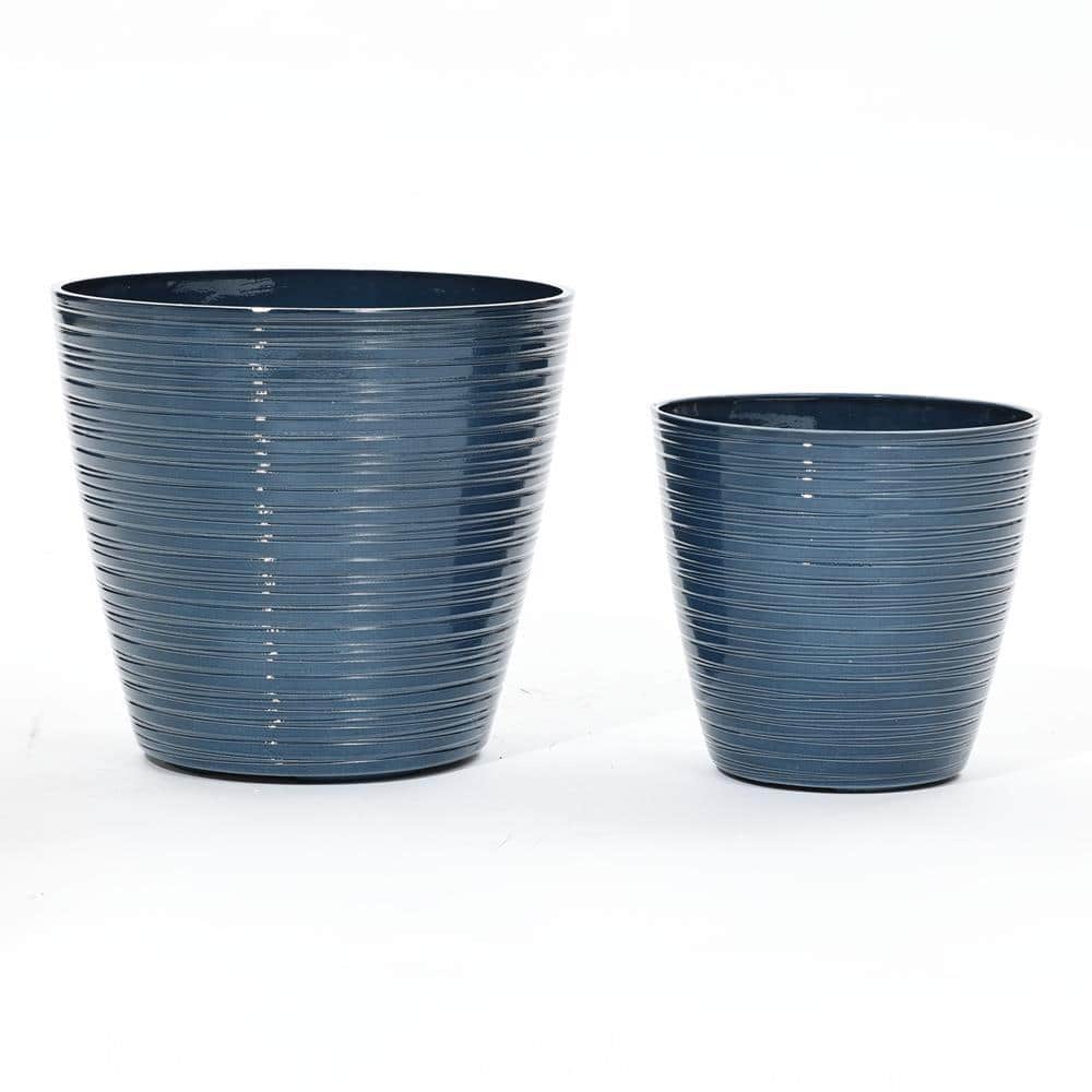 11.02 in. W x 10.04 in. H Marine Blue Tapered Round Tropical Plastic Planters Set (2-Piece) - Hercitys