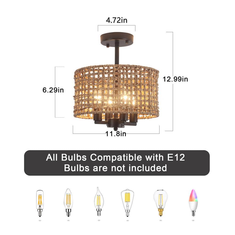 11.8 in. 4-Light Black Farmhouse Drum Semi-Flush Mount Ceiling Light Fixture with Hand Woven Shade - Hercitys