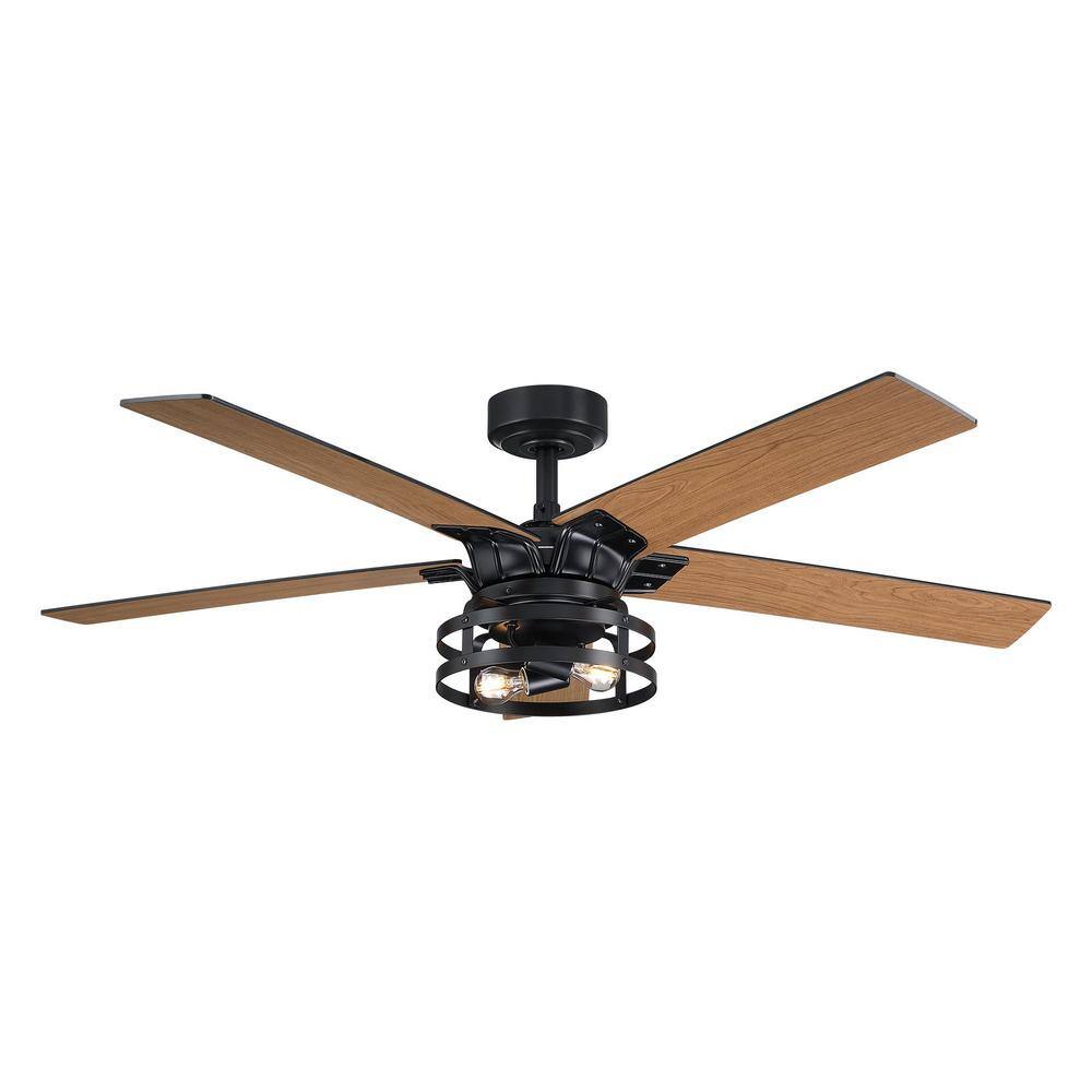 52 in. Indoor Industrial Black Reversible 5-Blade Ceiling Fan with Remote Control and Light Kit - Hercitys