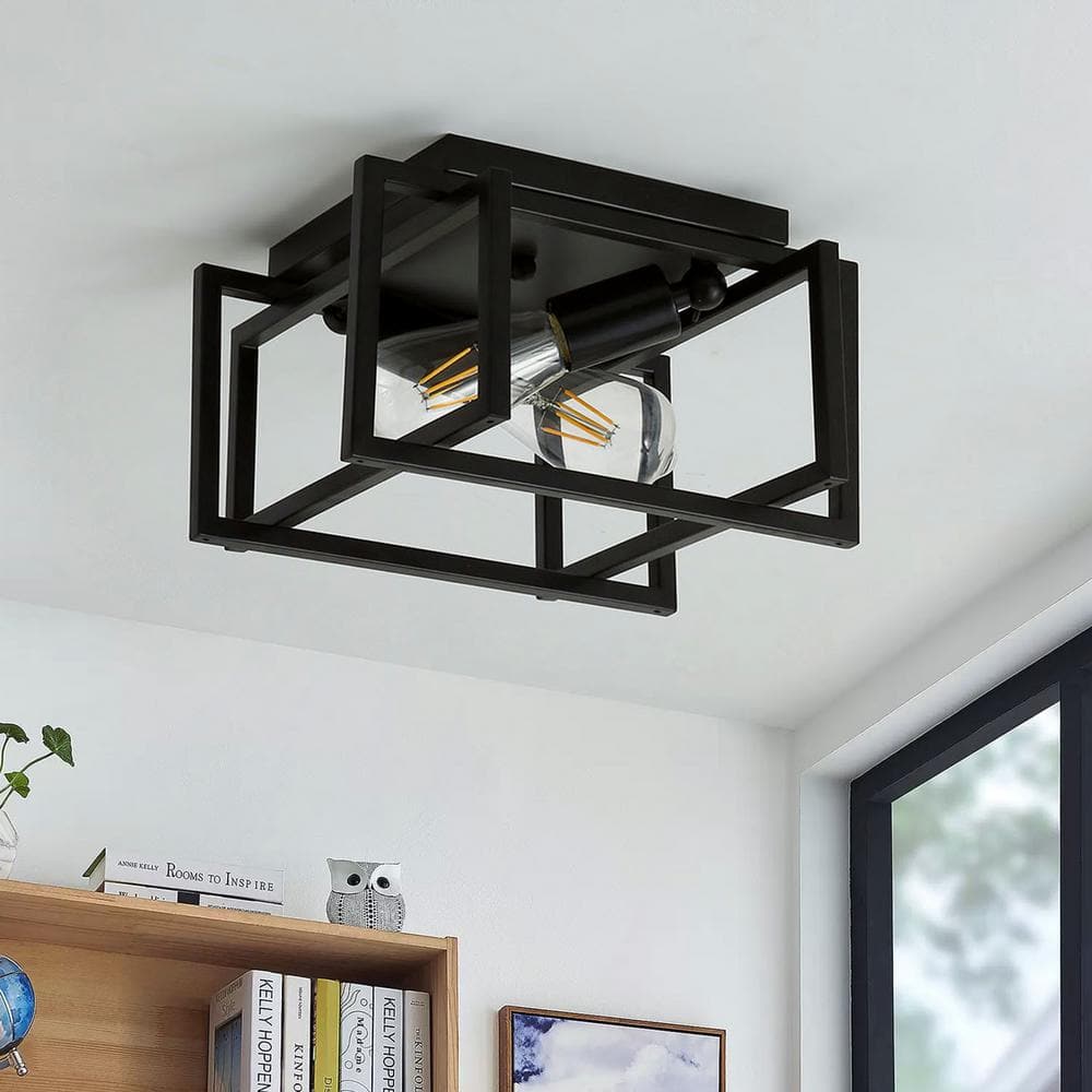 11.41 in. 2-Light Black Farmhouse Caged Square Flush Mount Industrial Vintage Ceiling Lighting - Hercitys
