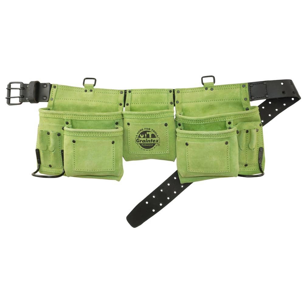 11-Pocket Suede Leather Tool Apron in Lime Green with 2 Hammer Holders and Suspender Hooks - Hercitys