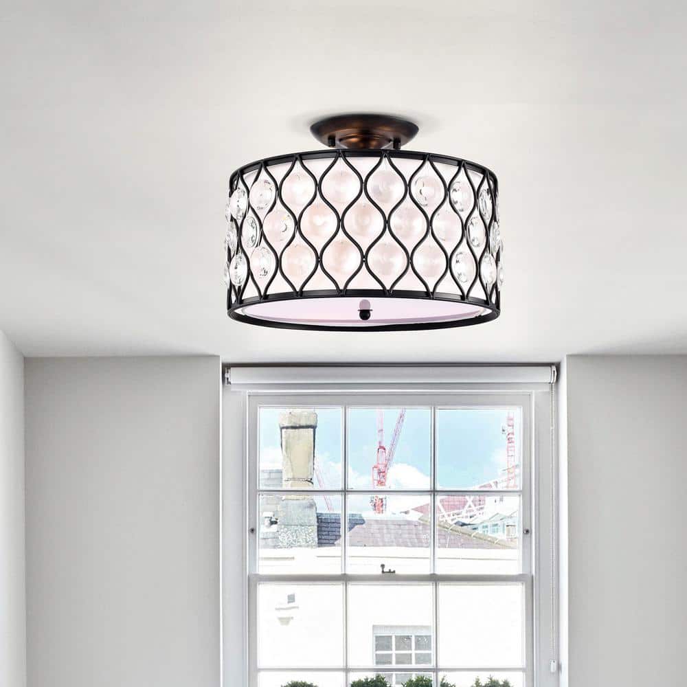 14 in. 3-Light Antique Black Finish Semi Flush Mount Chandelier with Crystal Spheres - Hercitys