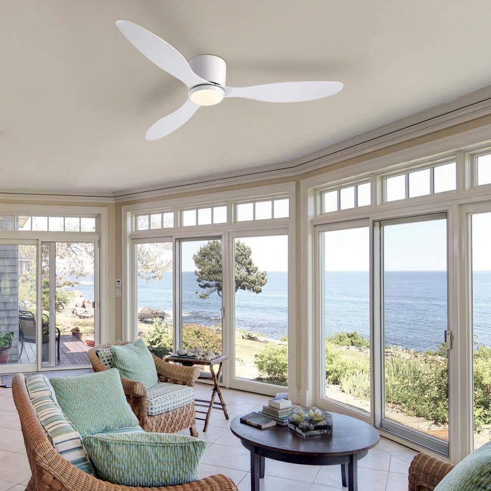 52 in. Smart Indoor Modern White Low Profile Ceiling Fans with Remote and Wall Control with Dimmable Integrated LED - Hercitys