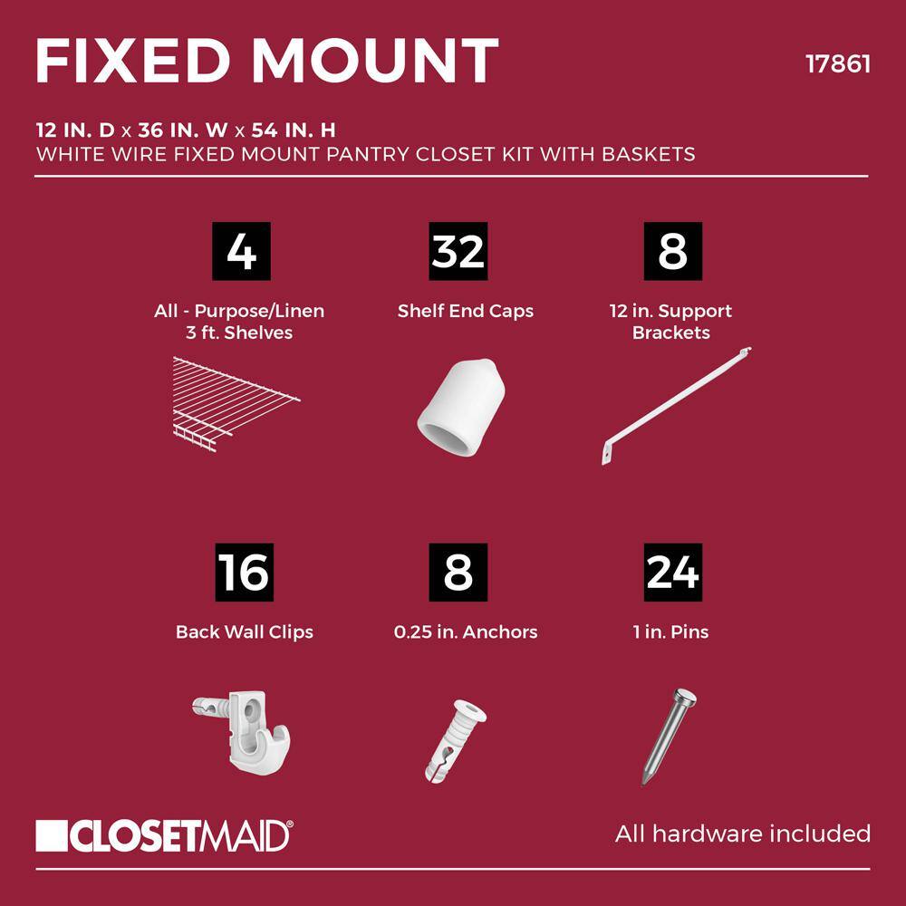 12 in. D x 36 in. W x 54 in. H White Wire Fixed Mount Pantry Closet Kit With Baskets - Hercitys