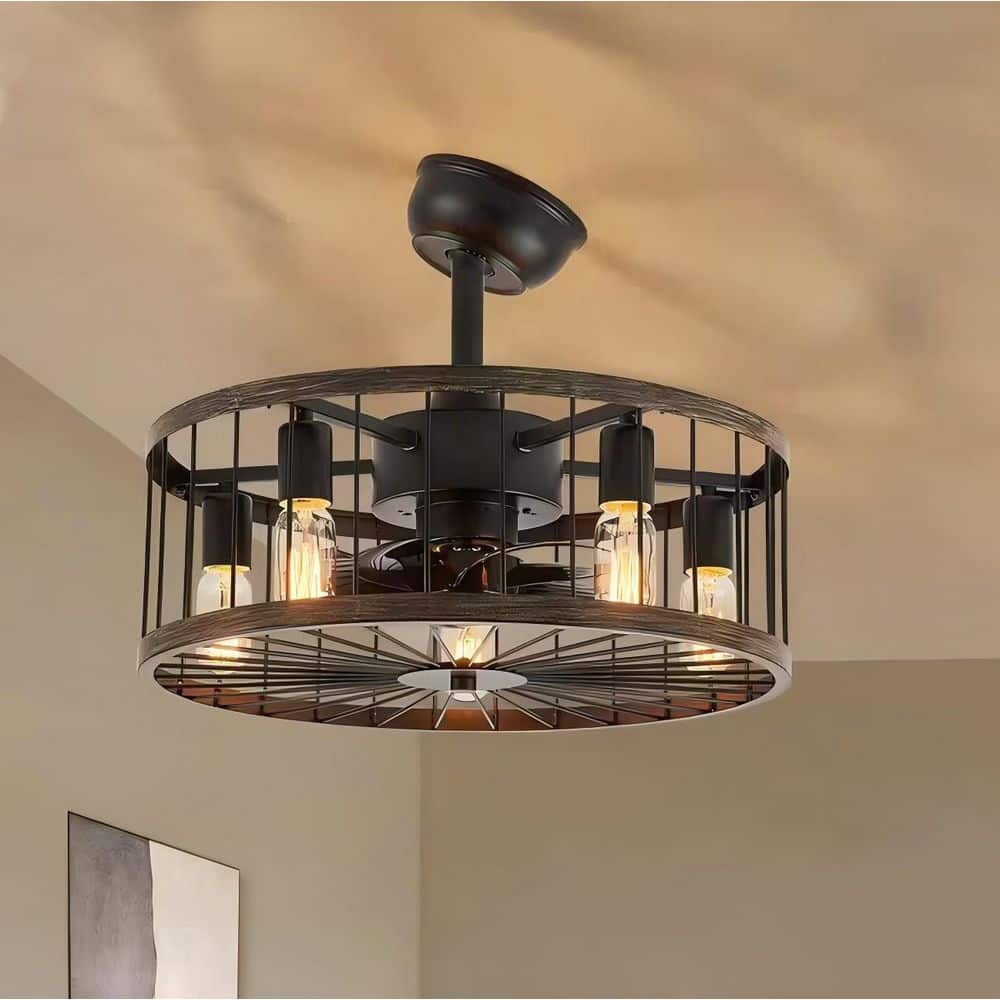 20 in. Indoor Black Modern Farmhouse Ceiling Fan with Light, Drum Cage Ceiling Fan with Remote for Bedroom - Hercitys