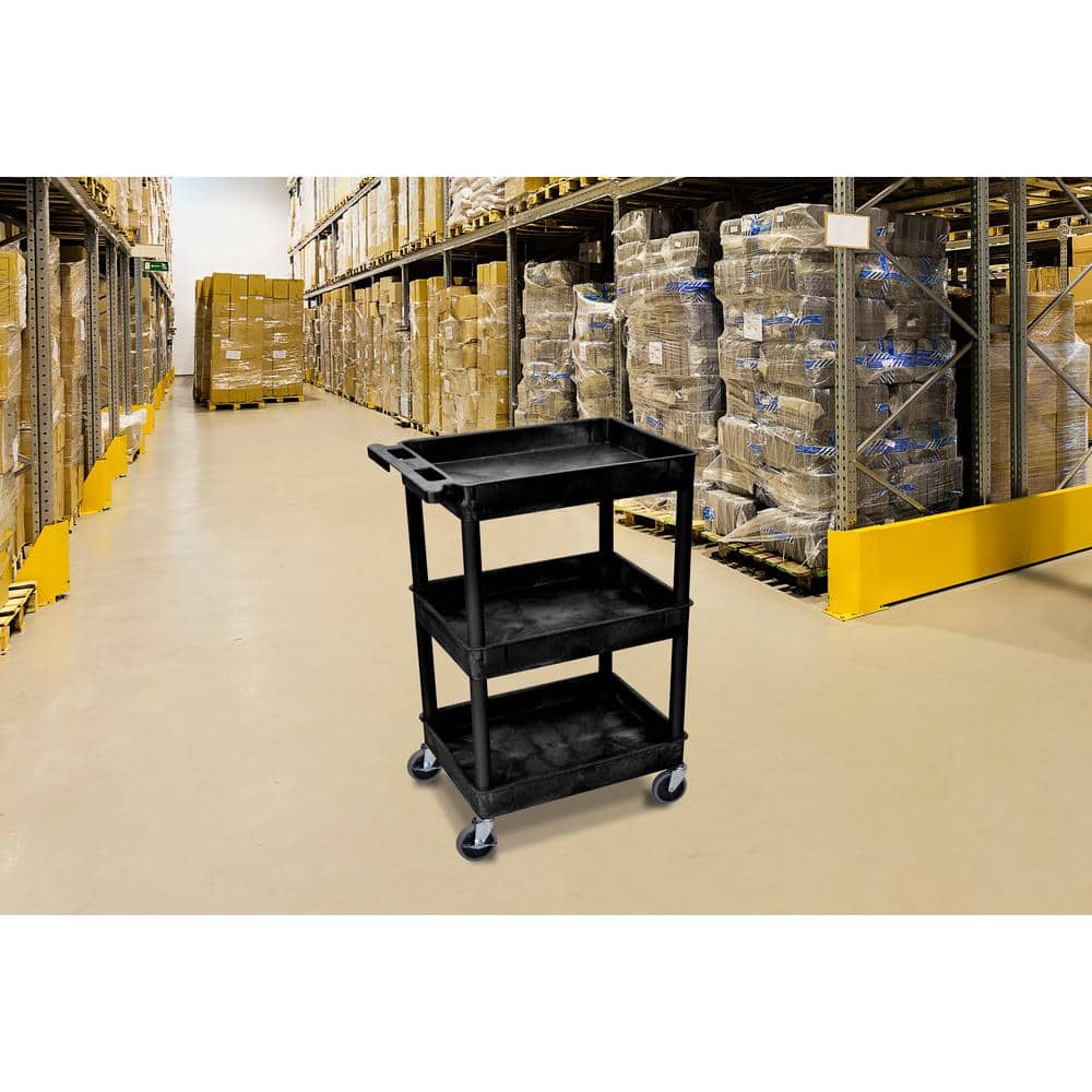24 in. x 18 in. 3 Tub Shelf Plastic Cart, 4 in. Casters in Black - Hercitys