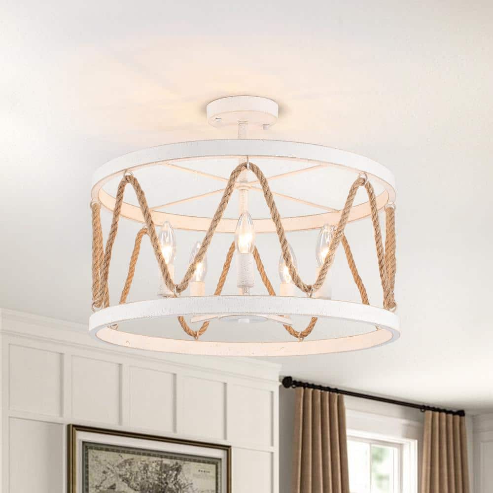 19.68 in. 5-Light White Metal Hemp Rope Candlestick Semi-Flush Mount Light Ceiling Light for Kitchen Island - Hercitys